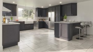 New kitchen featuring Valleywood gray stained shaker kitchen cabinets