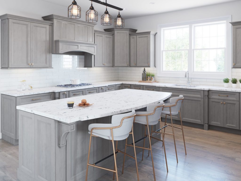 A gray Fabuwood kitchen cabinet developed by walcraft cabinetry