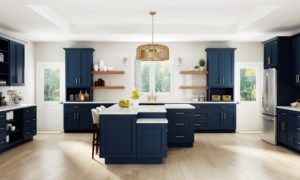 New kitchen featuring Ideal Cabinetry Nassau Mythic Blue shaker blue kitchen cabinets