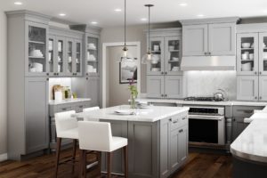 New kitchen featuring Ideal Cabinetry Tiverton Pebble Gray shaker gray kitchen cabinets