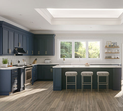New kitchen featuring Valleywood blue shaker kitchen cabinets