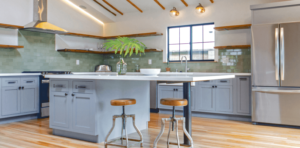 New kitchen featuring Mapelvilles Light Gray gray inset rta kitchen cabinets