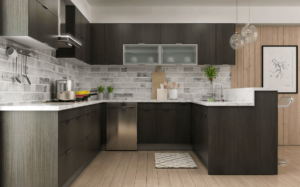 New modern kitchen featuring Golden Homes Brown Oak stained laminate rta kitchen cabinets
