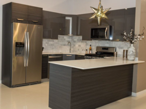 New modern kitchen featuring Golden Homes Dark Wood stained laminate rta kitchen cabinets