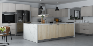 New modern kitchen featuring Golden Homes Fabric Grey off-white laminate rta kitchen cabinets