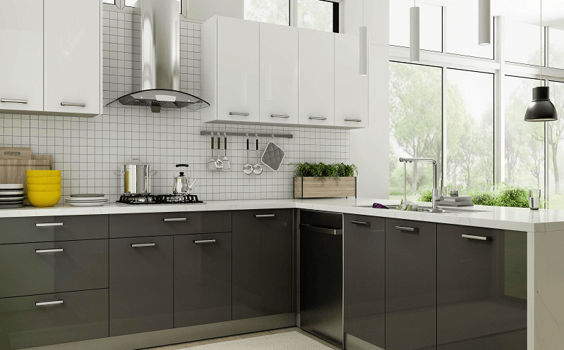 New modern kitchen featuring Golden Homes Glossy Grey grey glossy laminate rta kitchen cabinets