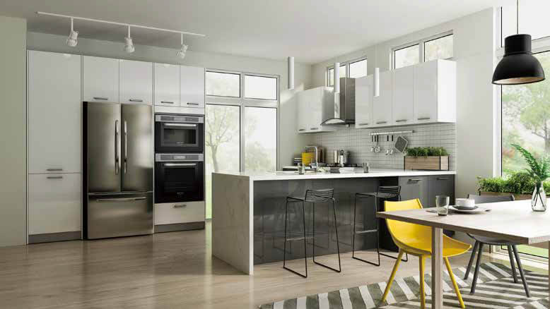 New modern kitchen featuring Golden Homes Glossy White white laminate rta kitchen cabinets