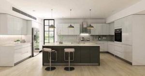 New modern kitchen featuring Golden Homes Lacquer Ash off-white laminate rta kitchen cabinets