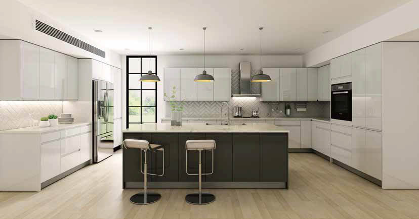New modern kitchen featuring Golden Homes Lacquer White white laminate rta kitchen cabinets