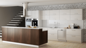 New modern kitchen featuring Golden Homes Pale Pine stained laminate rta kitchen cabinets