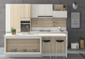New modern kitchen featuring Golden Homes Teak UV stained laminate rta kitchen cabinets