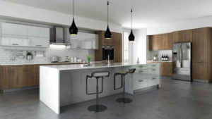 New modern kitchen featuring Golden Homes Walnut stained laminate rta kitchen cabinets