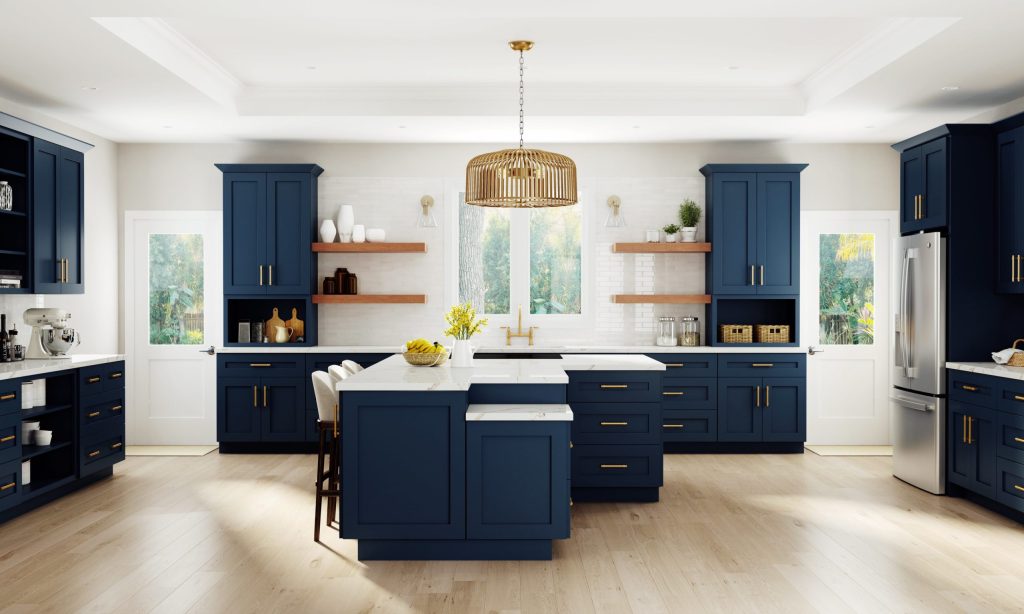Kitchen featuring blue Assembled kitchen cabinets