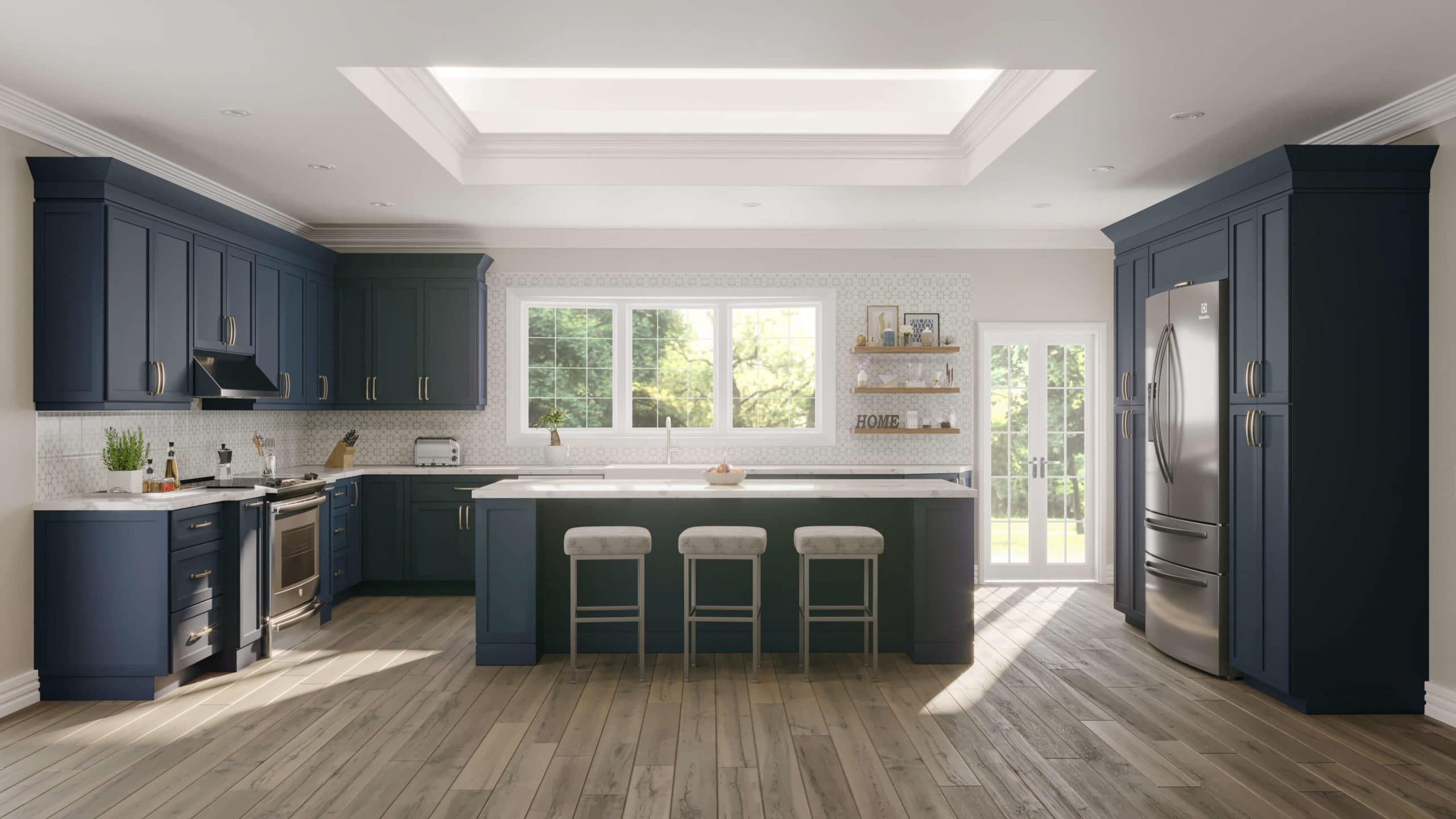Kitchen featuring blue RTA kitchen cabinets, modern backsplash tile, and wood flooring