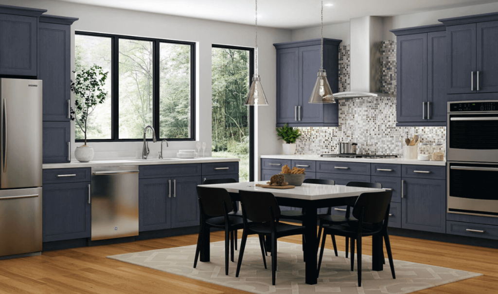 Kitchen featuring blue Semi-Custom kitchen cabinets